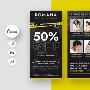 クーポンコード フライヤー Canva テンプレート、ブラック フライデー フライヤー、ファッションとオンライン ショップの割引コード、フライヤー DL プロモーション セール、マーケティング フライヤー デザイン