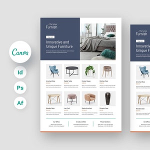 Modello di volantino per catalogo di mobili Canva, scheda prodotto, modello di marketing per volantini, schede accessori, volantino per offerte di decorazioni per interior design