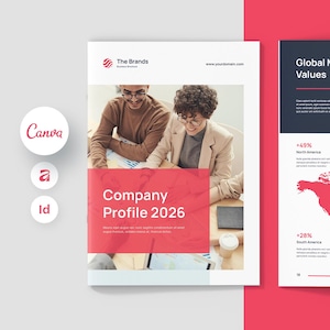 May include: A brochure with a red and white design, featuring the text "Company Profile 2026" on the cover. The brochure also includes a world map with market value percentages. The Canva, a, and Id logos are visible.