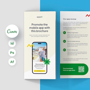 May include: A brochure promoting a mobile app with a green and yellow zig-zag design. The brochure features a photo of a couple on a balcony overlooking a city. The text on the brochure reads "Promote the mobile app with this brochure" and "Discover new places in Greece". The brochure also includes a QR code for downloading the app.