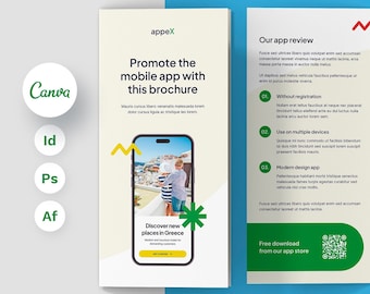 Mobile App Tri-Fold Brochure Canva, Tech Startup Software Pamphlet PSD, SaaS Application Flyer InDesign, IT Agency Marketing Kit Affinity