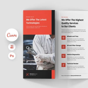 May include: A brochure with a red and black design, promoting mechanic services. The brochure features text that reads "We Offer The Latest Technologies" and "We Offer The Highest Quality Services to Our Clients." Images of tools and car parts are included.