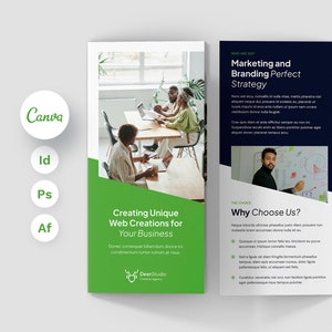 May include: A tri-fold brochure with a green and black color scheme. The front panel features the text "Creating Unique Web Creations for Your Business". The back panel features the text "Marketing and Branding Perfect Strategy". The inside panels feature text about the company's services, including branding implementation, unique design solutions, and support for the project.