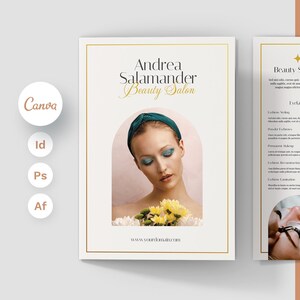 Könnte beinhalten: Ein Flyer für Andrea Salamander Beauty Salon. Der Flyer zeigt eine Frau mit blauem Lidschatten und einem türkisfarbenen Stirnband, die einen Blumenstrauß hält. Der Flyer listet verschiedene Schönheitsdienstleistungen auf, darunter Wimpernverlängerungen, Gesichtsbehandlungen und Laserbehandlungen.
