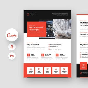 May include: A flyer design for a mechanic service, featuring a red and black color scheme. The flyer includes the text "We Offer The Latest Technologies" and lists services such as wheels and tires, oil and filter change, and vehicle diagnostics.