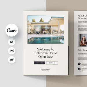 May include: A flyer for California House Open Days, a real estate agency, with a photo of a modern house with a pool. The flyer includes the dates and times of the open house, as well as a brief description of the agency's services.