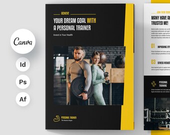 Personal Trainer Brochure Bi-Fold Canva Photoshop InDesign Template Fitness Coach Aerobic Printables Instant Downloads