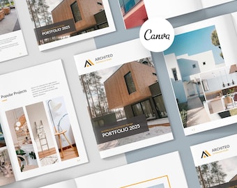 Può includere: Un portfolio che mostra progetti architettonici e spazi interni. La copertina presenta una casa moderna in legno con una grande finestra. Il testo "ARCHITEO" e "PORTFOLIO 2025" è visualizzato sulla copertina.