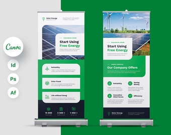 Solar Energy Roll Up Banner Canva Template, Renewable Energy, Solar Panel, Plumber, Electrician, Business Offer, Technology Service