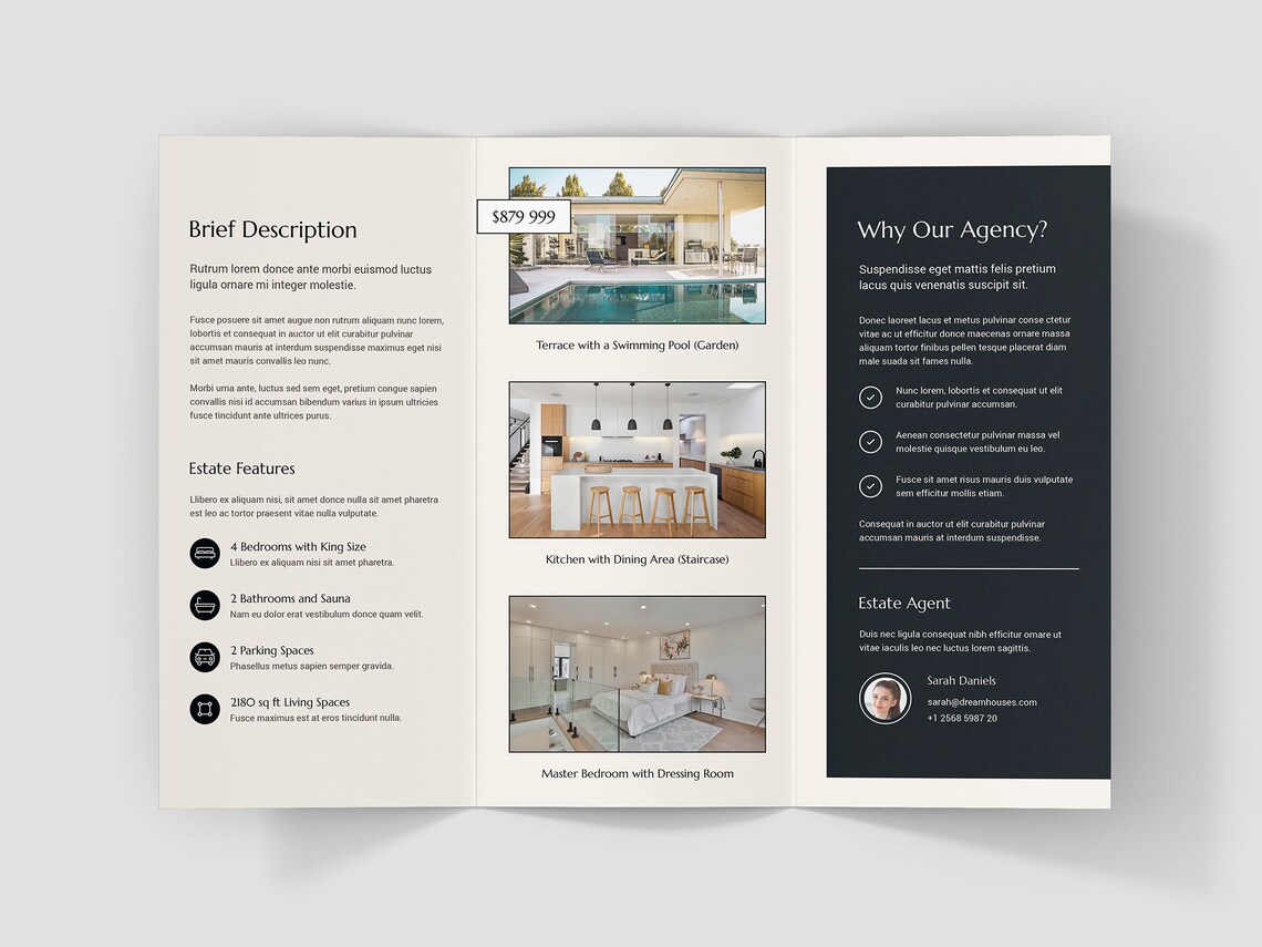 Open real estate brochure spread with property features and agency advantages