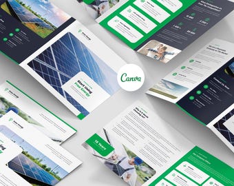 Puede incluir: Un folleto para una empresa de energía solar. El folleto presenta un esquema de color verde y negro con imágenes de paneles solares y turbinas eólicas. El texto del folleto incluye el nombre de la empresa, la información de contacto y una descripción de sus servicios. El folleto también incluye una llamada a la acción para "Comenzar a usar energía gratuita".