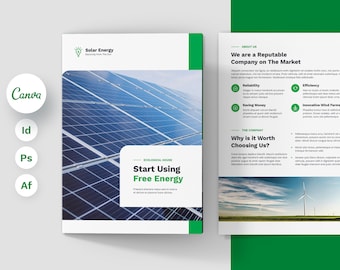 Solar Energy, Renewable, Business Brochure Bi-Fold, Canva Print Template, Wind Turbine, Heat Pump, Instant Downloads