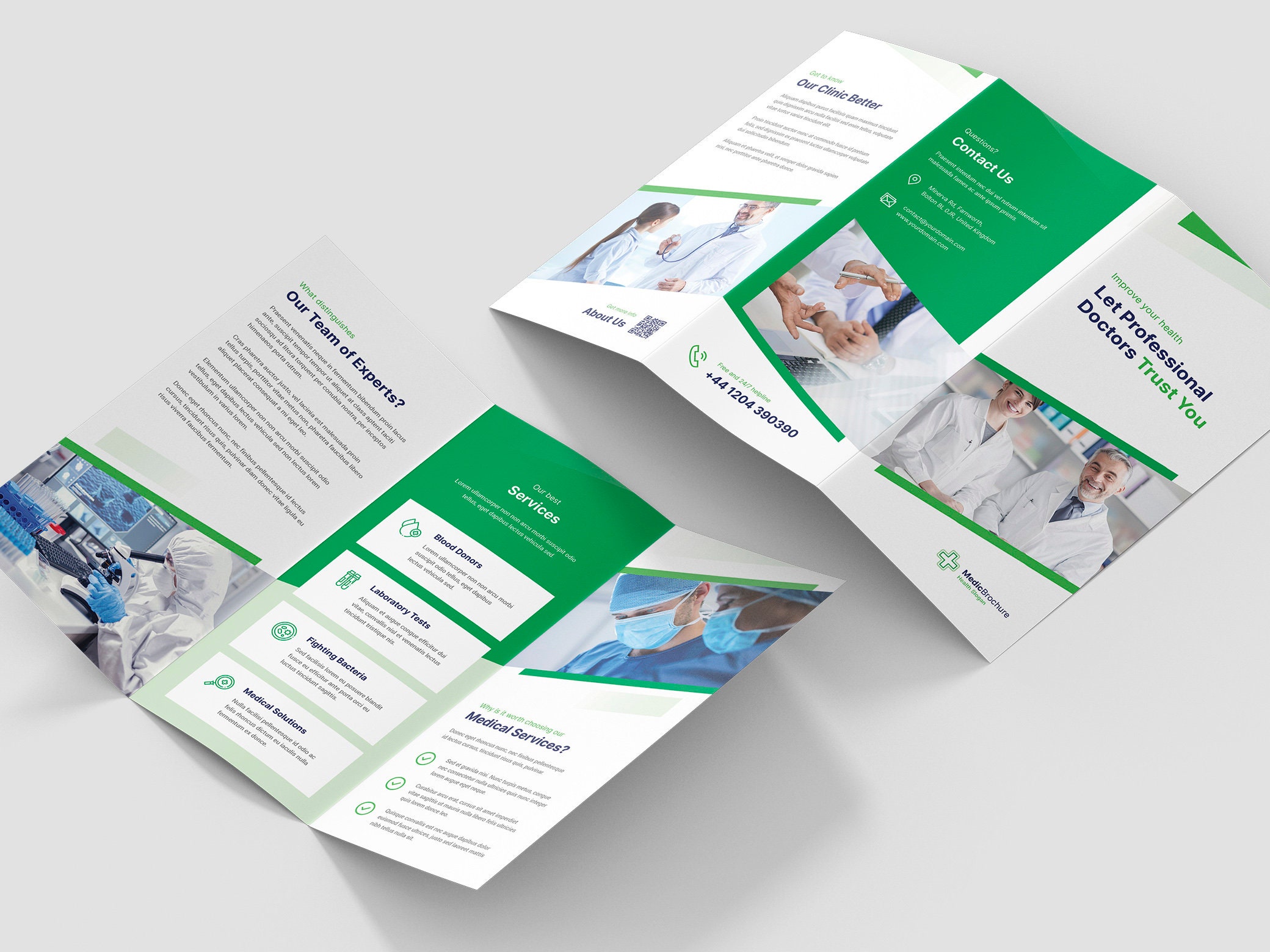 Green and white medical tri-fold brochure with service cards, clinic overview, contact panel, and QR code