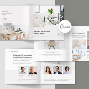 Modelo Canva de portfólio de design de interiores, folheto quadrado, 4 capas diferentes, estúdio de arquitetura, modelo de álbum de fotos, guia do fotógrafo