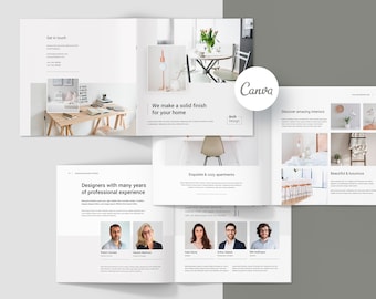 Può includere: Un opuscolo per un'azienda di interior design. L'opuscolo presenta immagini di interni moderni e un team di designer. Il testo sull'opuscolo recita "Realizziamo una finitura solida per la tua casa" e "Scopri interni incredibili".