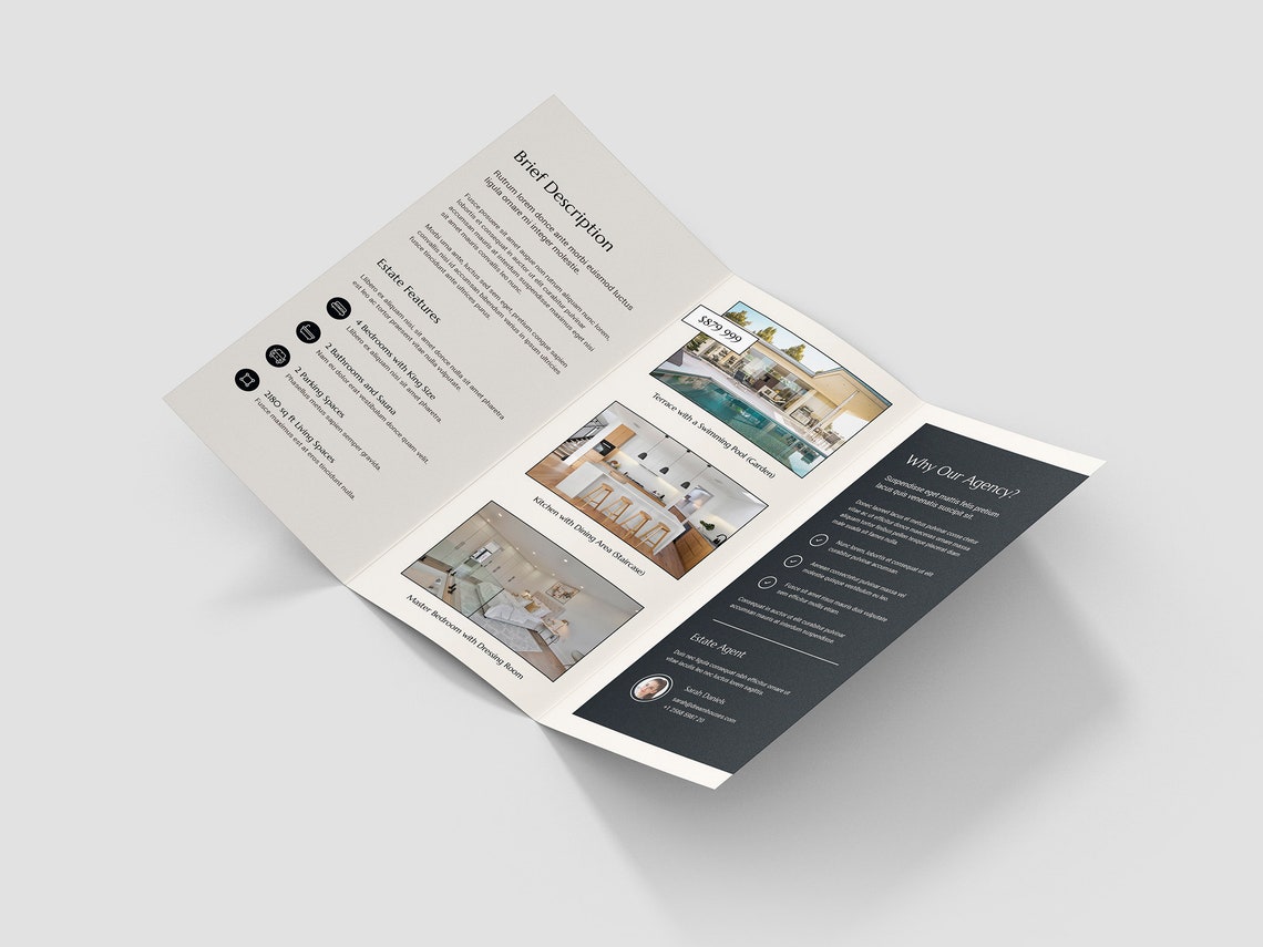 Real estate brochure interior with property features, photographs, and agency section