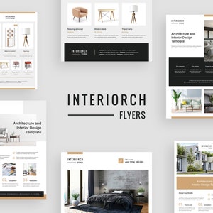 Szablony ulotek architektonicznych Canva, ulotki wnętrzarskie, produkty katalogowe, konstrukcje architektoniczne, sesja zdjęciowa, katalog produktów