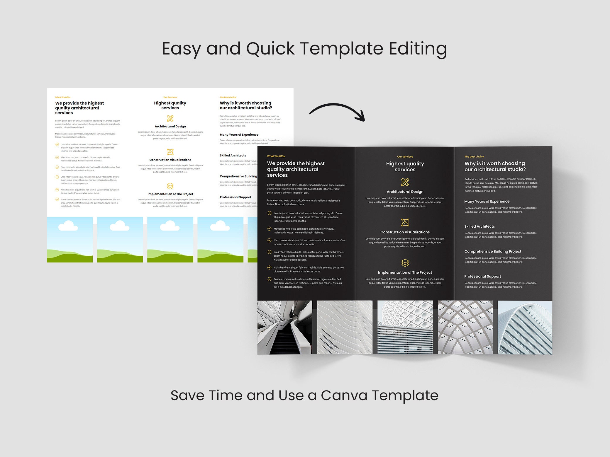 Plantilla de folleto tríptico para arquitectos, Canva, blanco y negro  (descarga digital) - Etsy México, image size:2080x1560