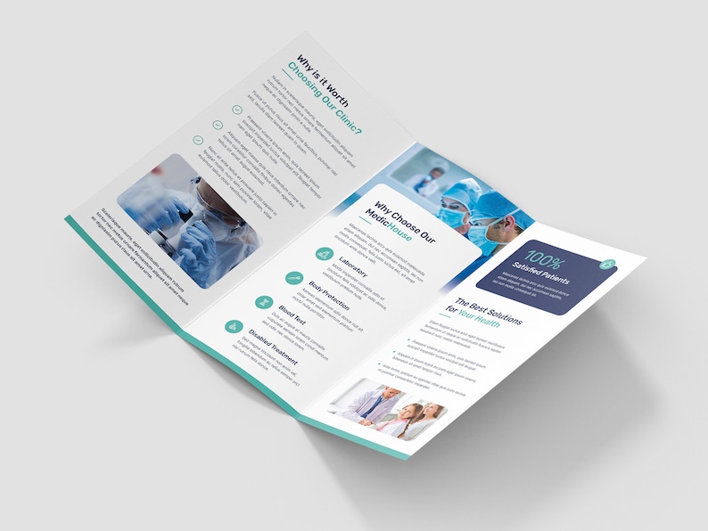 White and teal medical tri-fold brochure showing clinic services, treatment points, contact details, and healthcare imagery