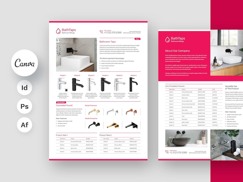 Tap Technical Data Flyer Canva Template, Product Description, Specification Sheets, Bathroom Equipment, Showcase, Fully Editable Template, Instant Download, Digital Product, Artbart Activity, Graphic Designer, InDesign Template