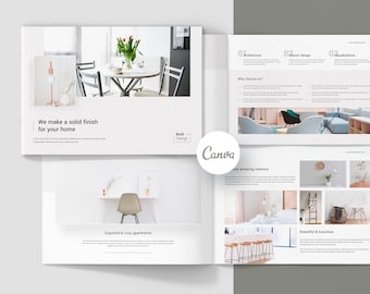 Plantilla de portafolio minimalista, diseño de interiores y arquitectura, folleto de Canva (A4/Carta)