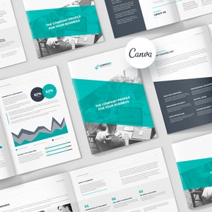Puede incluir: Una plantilla de perfil de empresa con un esquema de color turquesa y gris. La plantilla incluye una variedad de secciones, como "Acerca de nosotros", "Conozca nuestros objetivos", "Marcas creativas" y "El perfil de la empresa para su negocio".
