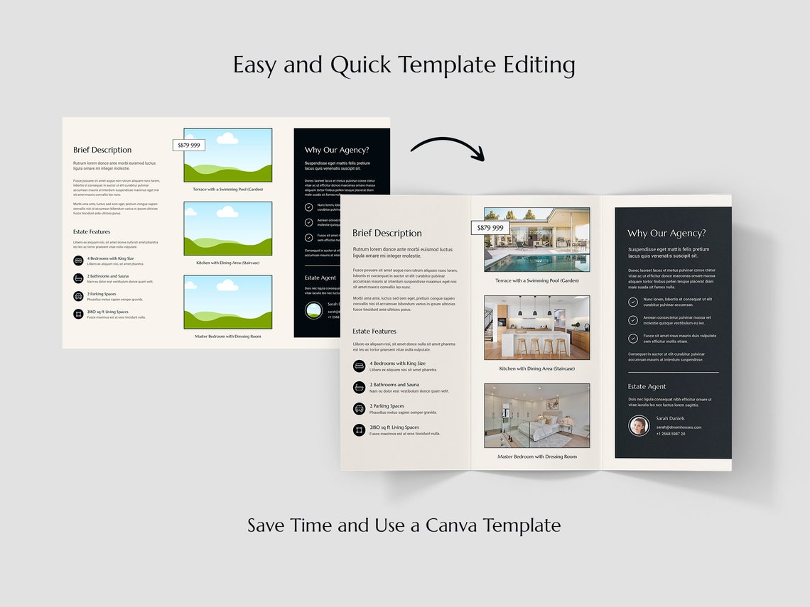 Real estate brochure layout comparison showing editable panels and property imagery