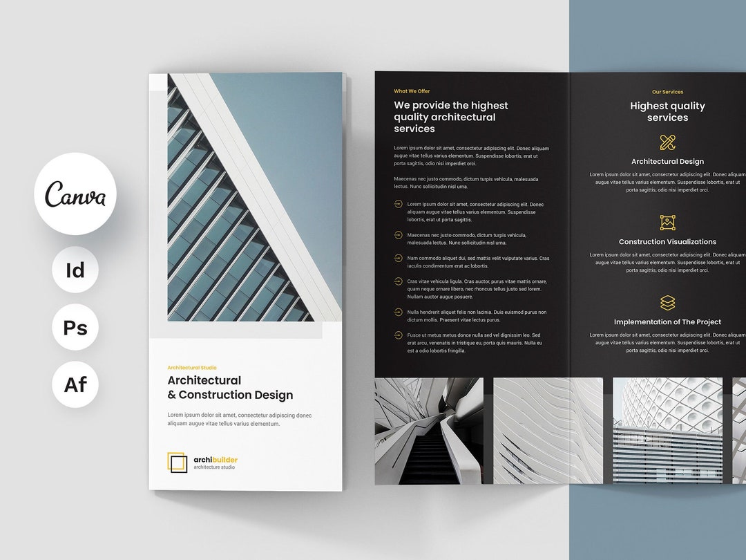 Plantilla de folleto tríptico para arquitectos, Canva, blanco y negro  (descarga digital) - Etsy México, image size:1080x810