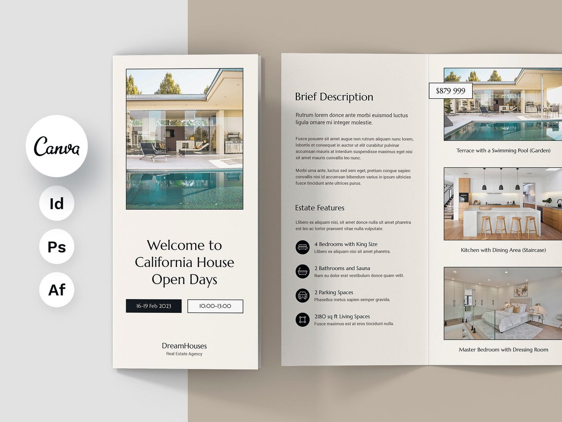 Real estate open-house brochure with property features and interior photographs