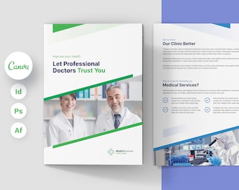 Medic Brochure Bi-Fold Canva Template, Doctor, Mental Health Care, Nurse, Hospital Informations, Medical Office, Blue and Green Layouts