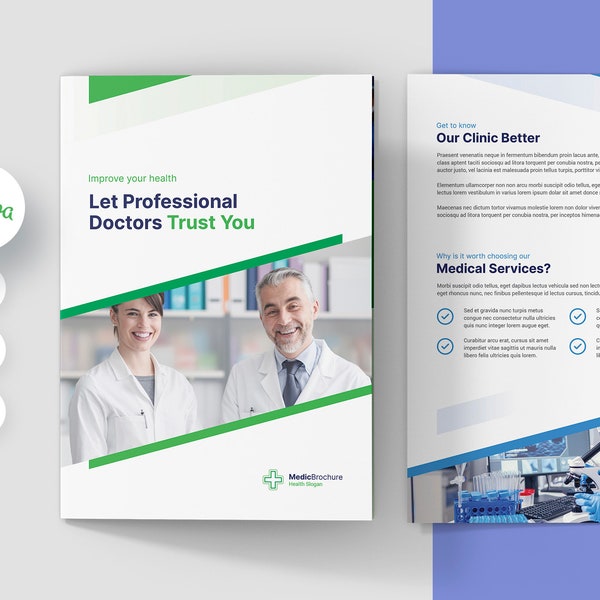 Medic Brochure Bi-Fold Canva Template, Doctor, Mental Health Care, Nurse, Hospital Informations, Medical Office, Blue and Green Layouts