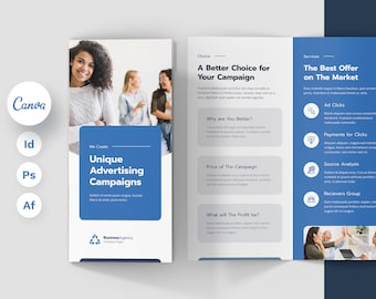 Business Agency Brochure Tri-Fold Canva Template, Corporate Profile, Project Proposal, Marketing Agency, Fully Editable, Instant Downloads