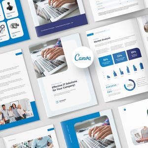 Puede incluir: Un folleto blanco y azul con el título "Soluciones de TI efectivas para su empresa!" y un logotipo de la empresa. El folleto incluye una línea de tiempo de la historia de la empresa, un gráfico de análisis de mercado y una foto de una persona escribiendo en una computadora portátil.