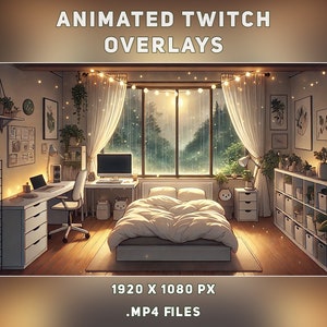May include: Animated Twitch overlay featuring a cosy bedroom with a bed, desk, and a window with rain falling outside. The room is decorated with fairy lights and plants. The overlay is 1920 x 1080 pixels and comes in .mp4 format.