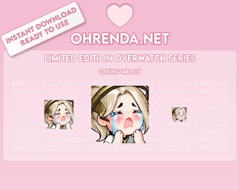 Puede incluir: Una ilustración digital de un personaje de dibujos animados del videojuego Overwatch. El personaje es Mercy, un ángel femenino con cabello rubio y ojos azules. Lleva su armadura blanca y dorada característica y está llorando. La imagen está sobre un fondo rosa con el texto "OHRENDA.NET" y "LIMITED EDITION OVERWATCH SERIES" en negro.