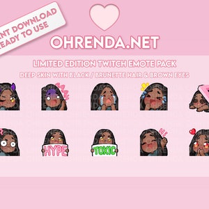 Limited Edition Twitch Emote Pack / Deep Skin + Black Hair & Brown Eyes / Cute Black Girl Chibi Emotes