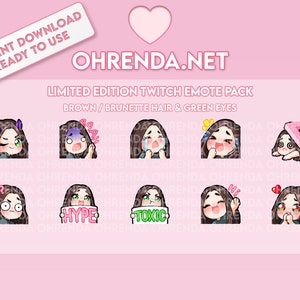 Limited Edition Twitch Emote Pack / Brown Brunette Hair & Green Eyes / Cute Chibi Girl Emotes