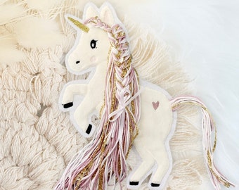Application unicorn with mane pink gold white | Unicorns with woolly mane | Bangs | Iron-on patch | Patch | Patch