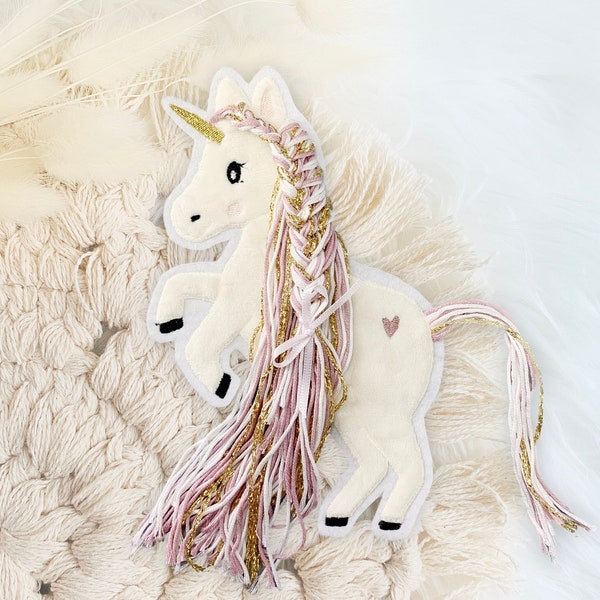 Applikation Einhorn mit Mähne rosa gold weiß | Einhörner mit Wollmähne | Pony | Bügelbild | Patch | Aufnäher