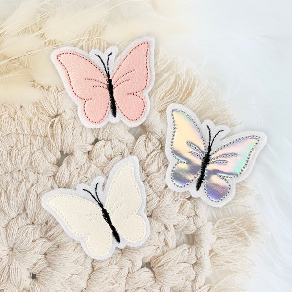 Schmetterling Aufnäher | Patch | Applikation | irisierende schimmernde Kunstleder Schmetterlinge | Regenbogenfarben Glitzer Rosa