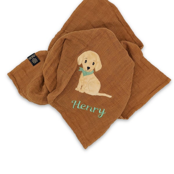 personalisiertes Musselintuch mit Hund | Geschenkidee Baby Kind mit Namen | Spucktuch | Schmusetuch | Mulltuch | Tuch mit Name