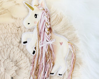 Applikation Einhorn mit Mähne rosa gold weiß | Einhörner mit Wollmähne | Pony | Bügelbild | Patch | Aufnäher