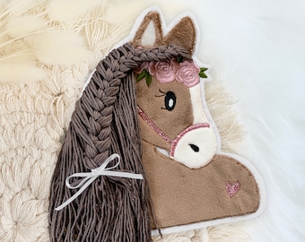 Application horse with mane | brown wool mane | Horse head | Bangs | Iron-on patch | Patch | Patch | School bag | for sewing/ironing on