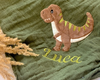 personalisiertes Musselintuch TRex Dinosaurier Dino | Geschenkidee Baby Kind mit Namen | Spucktuch | Schmusetuch | Mulltuch | Tuch mit Name