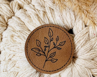 Label leaf leaves branch | Faux leather label round brown | Leather Label | autumnal label