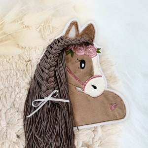 Applikation Pferd mit Mähne | braune Wollmähne | Pferdekopf | Pony | Bügelbild | Patch | Aufnäher | Schultüte | zum Aufnähen/Aufbügeln