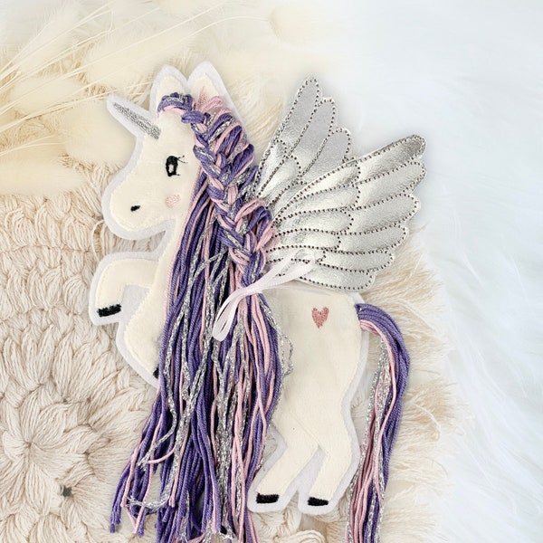 Applikation Pegasus | Wollmähne lila rosa silber | Pony | Einhorn/Pferd mit Flügeln | Bügelbild | Patch | Aufnäher