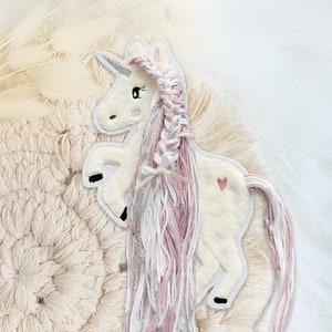 Applikation Einhorn mit Mähne rosa silber weiß | Einhörner mit Wollmähne | Pony | Bügelbild | Patch | Aufnäher