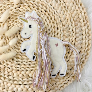 Applikation Einhorn mit Mähne rosa gold weiß Einhörner mit Wollmähne Pony Bügelbild Patch Aufnäher Bild 2