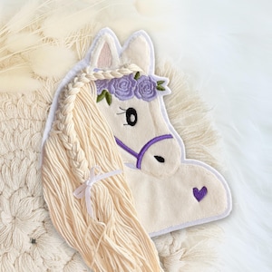 Applikation Pferd | weißes Pferd mit Wollmähne | Schimmel Pferdekopf | Pony | Bügelbild | Patch | Aufnäher | Schultüte